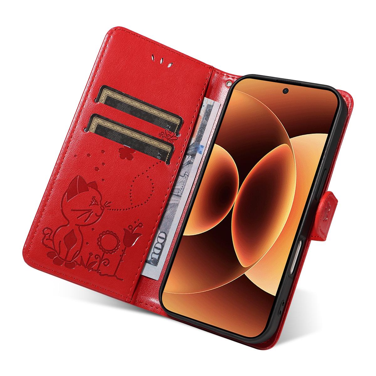 For Xiaomi 17 Pro Max Cat and Bee Embossed Flip Leather Phone Case Wallet Cover with Card Slots Cash Pocket Magnetic Stand Protective Shockproof TPU PU Leather Case with Wrist Strap