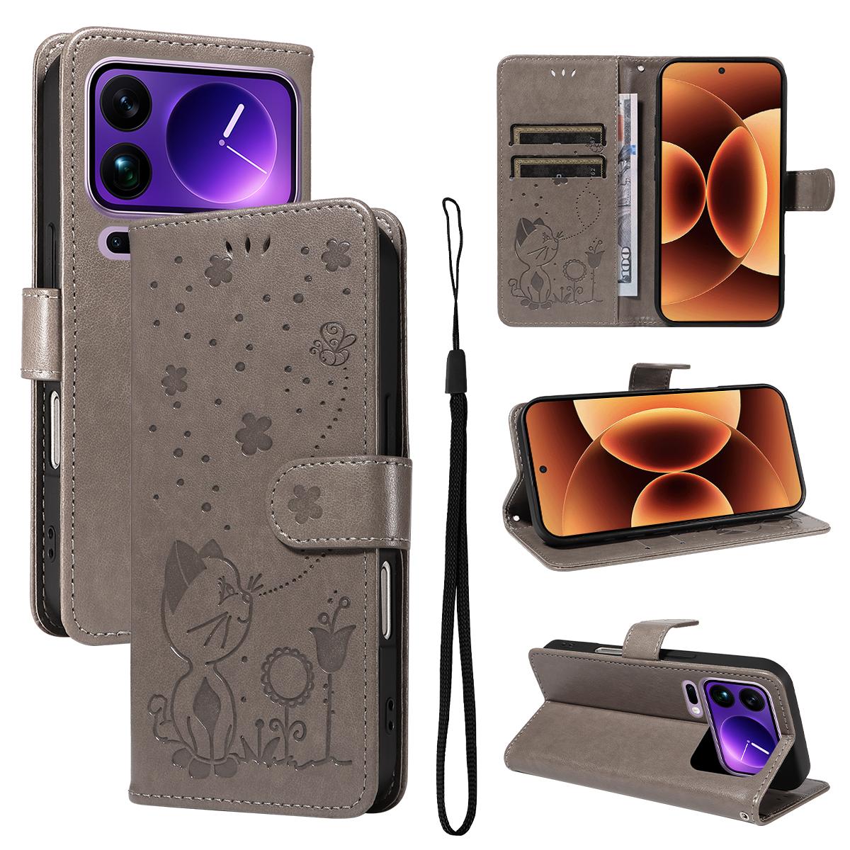 For Xiaomi 17 Pro Max Cat and Bee Embossed Flip Leather Phone Case Wallet Cover with Card Slots Cash Pocket Magnetic Stand Protective Shockproof TPU PU Leather Case with Wrist Strap
