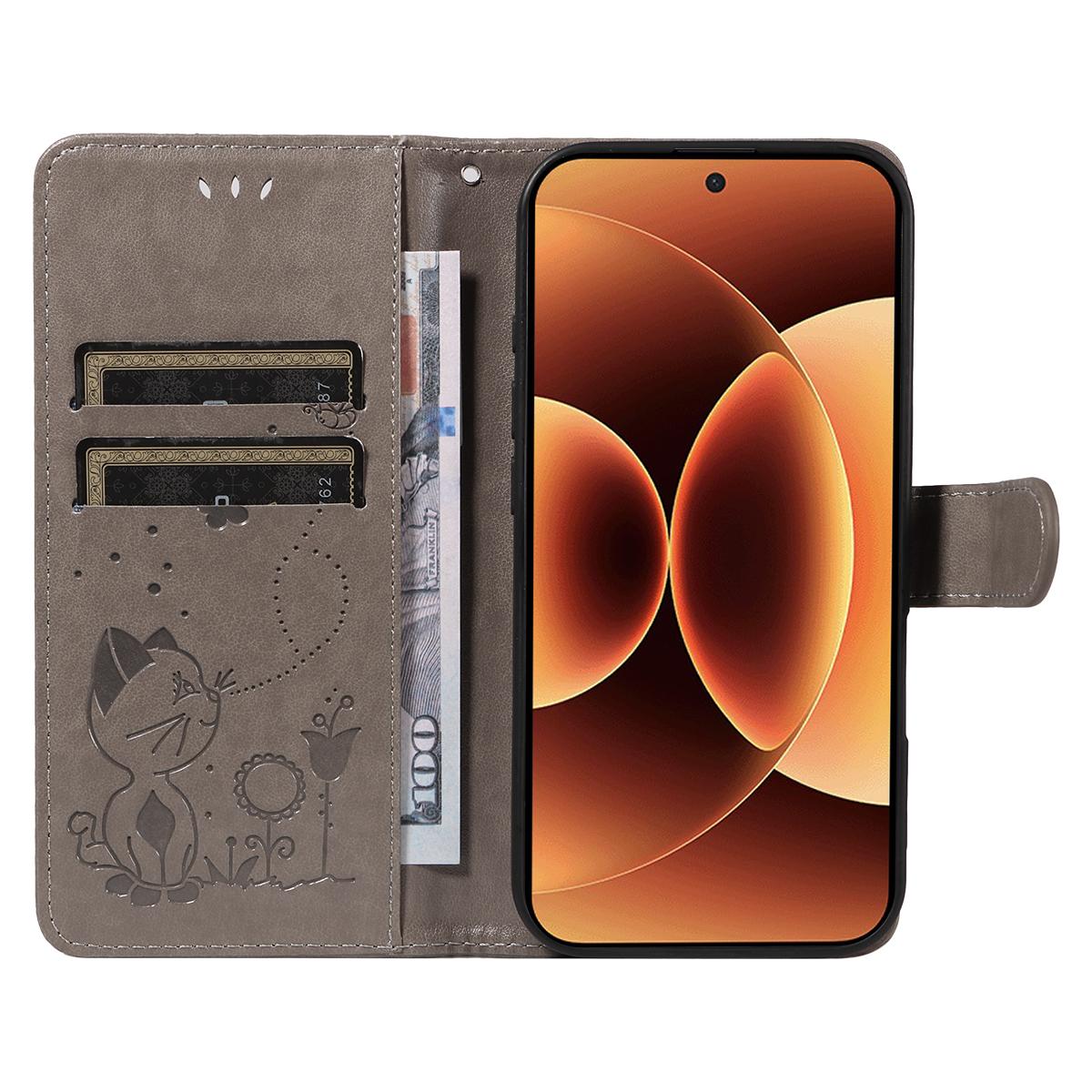 For Xiaomi 17 Pro Max Cat and Bee Embossed Flip Leather Phone Case Wallet Cover with Card Slots Cash Pocket Magnetic Stand Protective Shockproof TPU PU Leather Case with Wrist Strap
