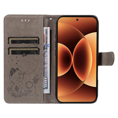 For Xiaomi 17 Pro Max Cat and Bee Embossed Flip Leather Phone Case Wallet Cover with Card Slots Cash Pocket Magnetic Stand Protective Shockproof TPU PU Leather Case with Wrist Strap