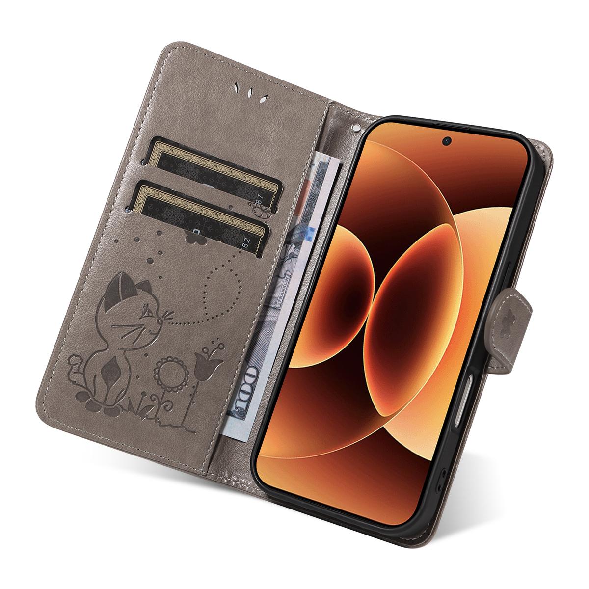For Xiaomi 17 Pro Max Cat and Bee Embossed Flip Leather Phone Case Wallet Cover with Card Slots Cash Pocket Magnetic Stand Protective Shockproof TPU PU Leather Case with Wrist Strap