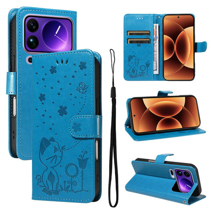 For Xiaomi 17 Pro Max Cat and Bee Embossed Flip Leather Phone Case Wallet Cover with Card Slots Cash Pocket Magnetic Stand Protective Shockproof TPU PU Leather Case with Wrist Strap