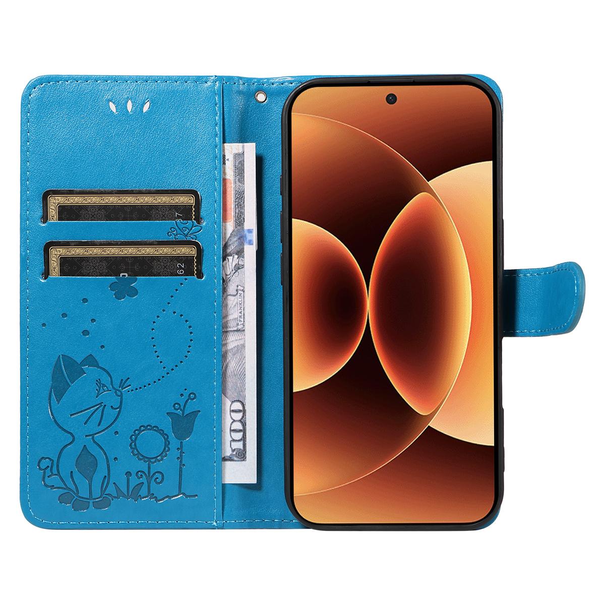 For Xiaomi 17 Pro Max Cat and Bee Embossed Flip Leather Phone Case Wallet Cover with Card Slots Cash Pocket Magnetic Stand Protective Shockproof TPU PU Leather Case with Wrist Strap