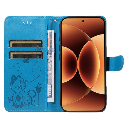 For Xiaomi 17 Pro Max Cat and Bee Embossed Flip Leather Phone Case Wallet Cover with Card Slots Cash Pocket Magnetic Stand Protective Shockproof TPU PU Leather Case with Wrist Strap