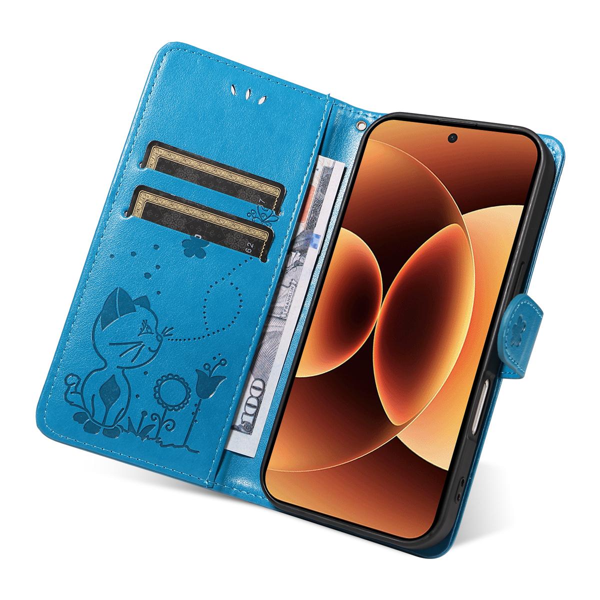 For Xiaomi 17 Pro Max Cat and Bee Embossed Flip Leather Phone Case Wallet Cover with Card Slots Cash Pocket Magnetic Stand Protective Shockproof TPU PU Leather Case with Wrist Strap