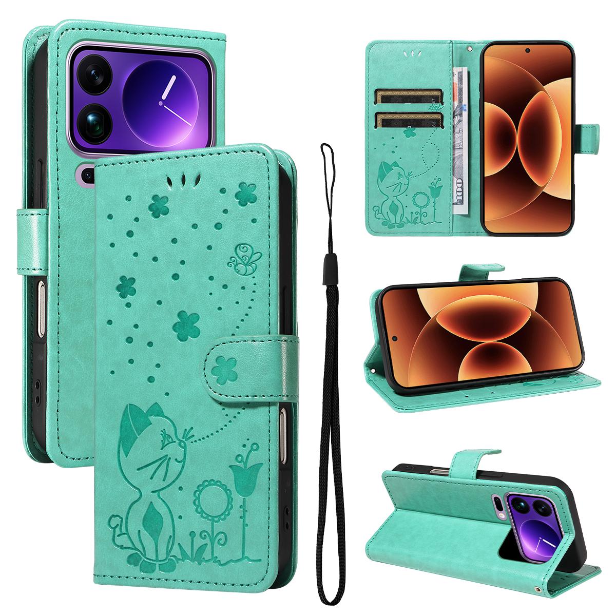 For Xiaomi 17 Pro Max Cat and Bee Embossed Flip Leather Phone Case Wallet Cover with Card Slots Cash Pocket Magnetic Stand Protective Shockproof TPU PU Leather Case with Wrist Strap