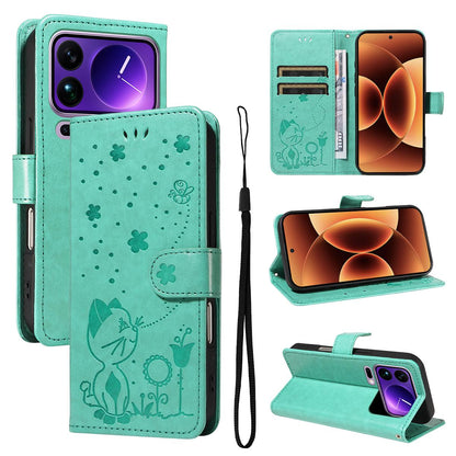 For Xiaomi 17 Pro Max Cat and Bee Embossed Flip Leather Phone Case Wallet Cover with Card Slots Cash Pocket Magnetic Stand Protective Shockproof TPU PU Leather Case with Wrist Strap