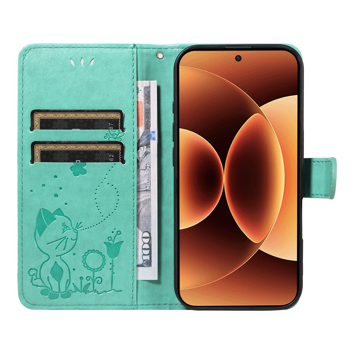 For Xiaomi 17 Pro Max Cat and Bee Embossed Flip Leather Phone Case Wallet Cover with Card Slots Cash Pocket Magnetic Stand Protective Shockproof TPU PU Leather Case with Wrist Strap
