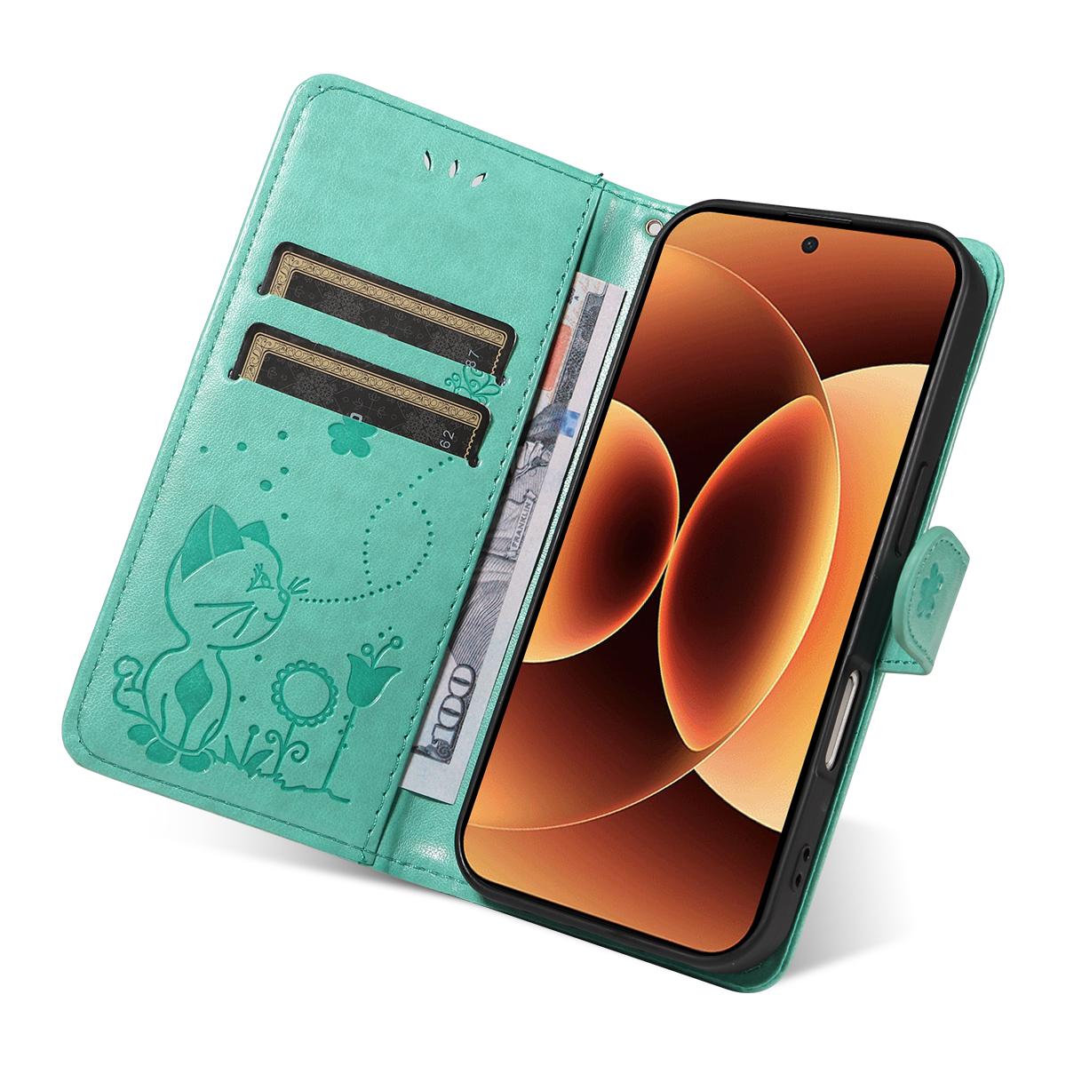 For Xiaomi 17 Pro Max Cat and Bee Embossed Flip Leather Phone Case Wallet Cover with Card Slots Cash Pocket Magnetic Stand Protective Shockproof TPU PU Leather Case with Wrist Strap