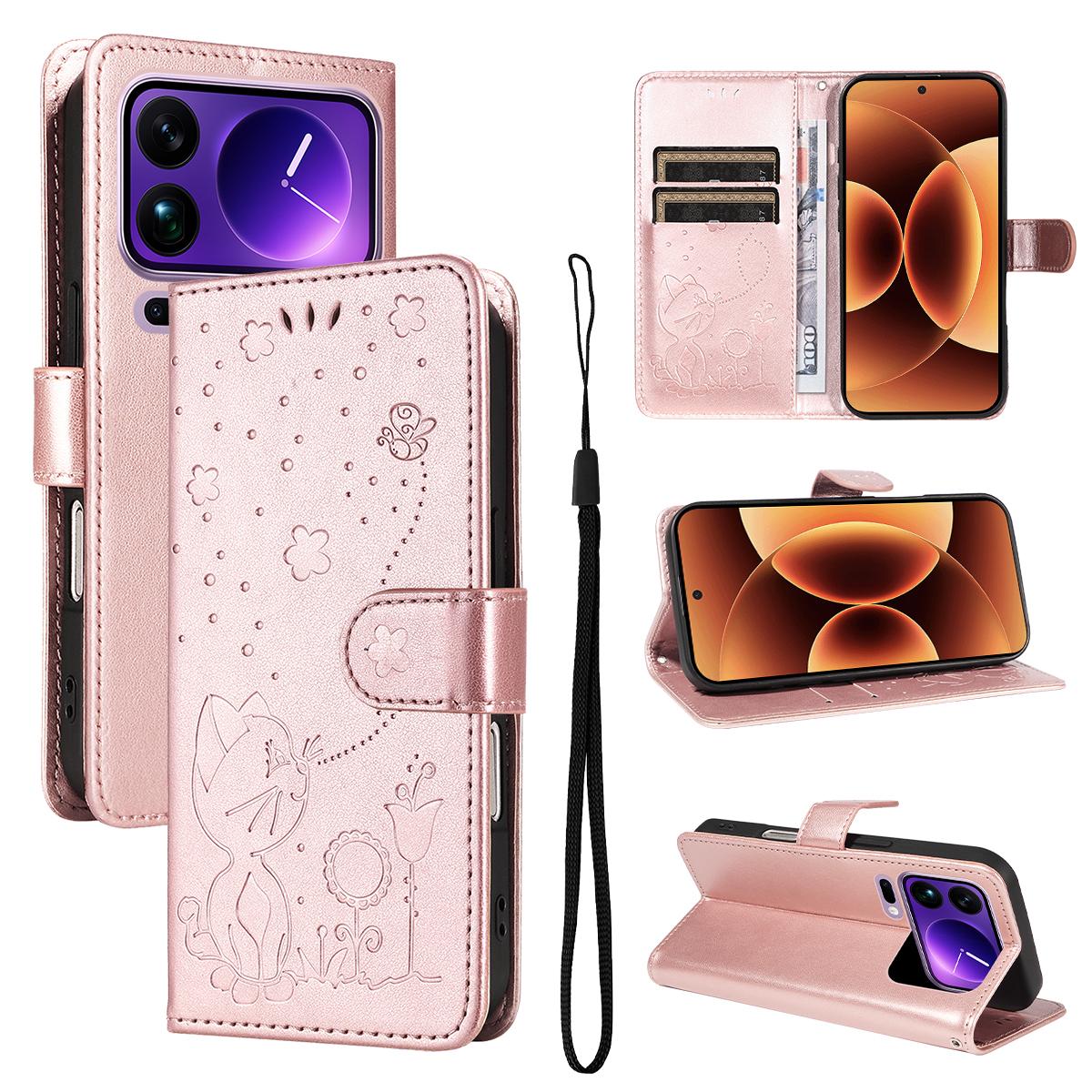For Xiaomi 17 Pro Max Cat and Bee Embossed Flip Leather Phone Case Wallet Cover with Card Slots Cash Pocket Magnetic Stand Protective Shockproof TPU PU Leather Case with Wrist Strap
