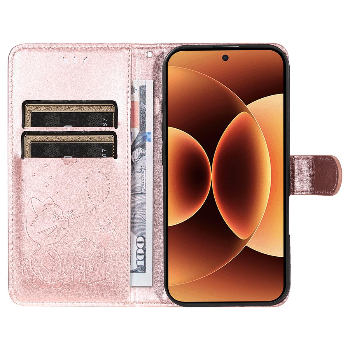For Xiaomi 17 Pro Max Cat and Bee Embossed Flip Leather Phone Case Wallet Cover with Card Slots Cash Pocket Magnetic Stand Protective Shockproof TPU PU Leather Case with Wrist Strap