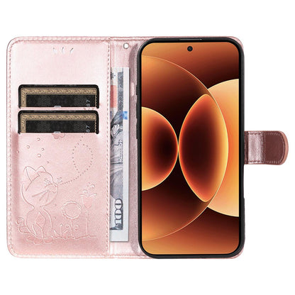 For Xiaomi 17 Pro Max Cat and Bee Embossed Flip Leather Phone Case Wallet Cover with Card Slots Cash Pocket Magnetic Stand Protective Shockproof TPU PU Leather Case with Wrist Strap