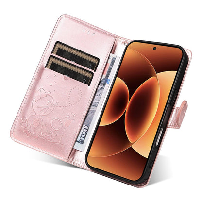 For Xiaomi 17 Pro Max Cat and Bee Embossed Flip Leather Phone Case Wallet Cover with Card Slots Cash Pocket Magnetic Stand Protective Shockproof TPU PU Leather Case with Wrist Strap