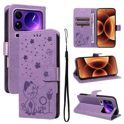 For Xiaomi 17 Pro Max Cat and Bee Embossed Flip Leather Phone Case Wallet Cover with Card Slots Cash Pocket Magnetic Stand Protective Shockproof TPU PU Leather Case with Wrist Strap