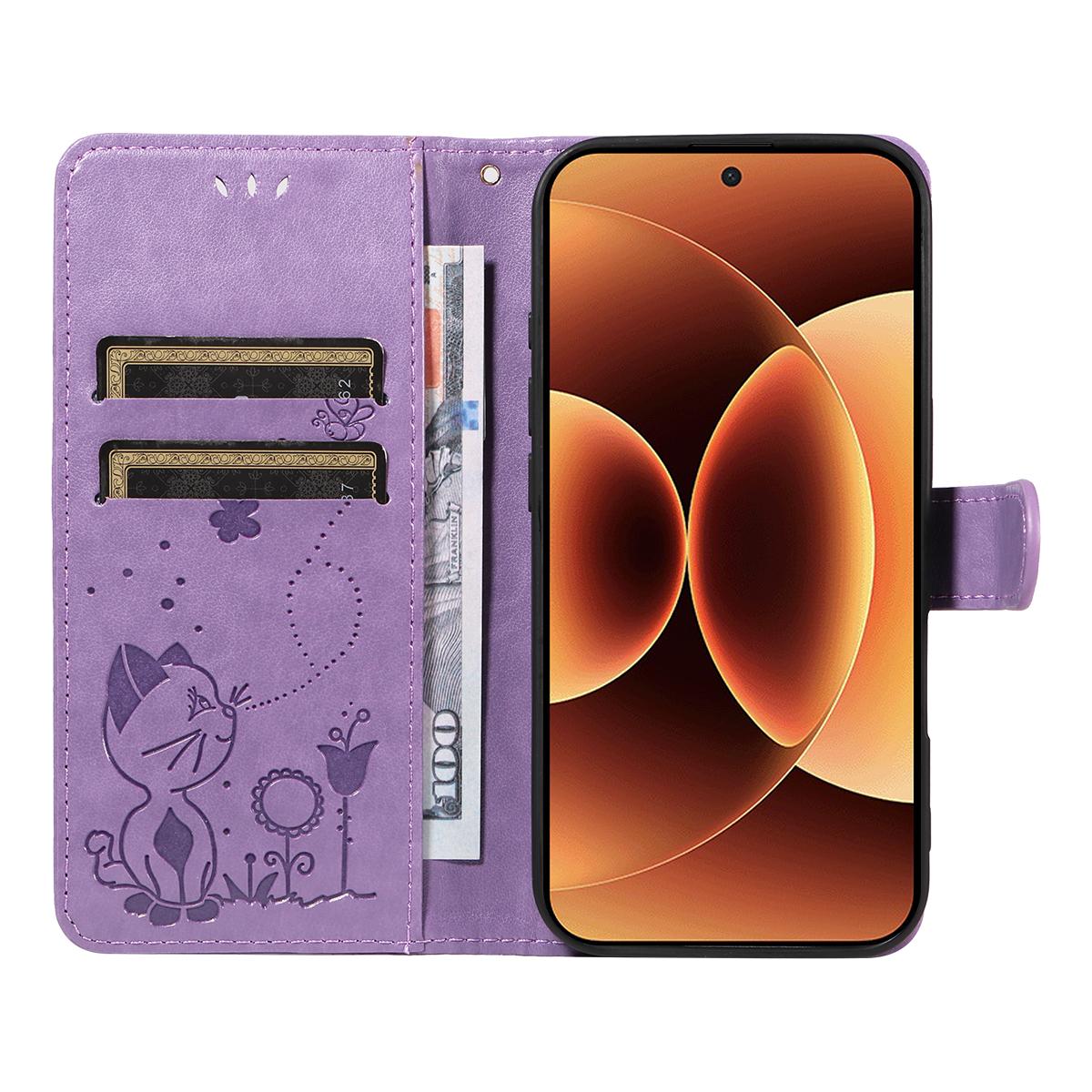 For Xiaomi 17 Pro Max Cat and Bee Embossed Flip Leather Phone Case Wallet Cover with Card Slots Cash Pocket Magnetic Stand Protective Shockproof TPU PU Leather Case with Wrist Strap