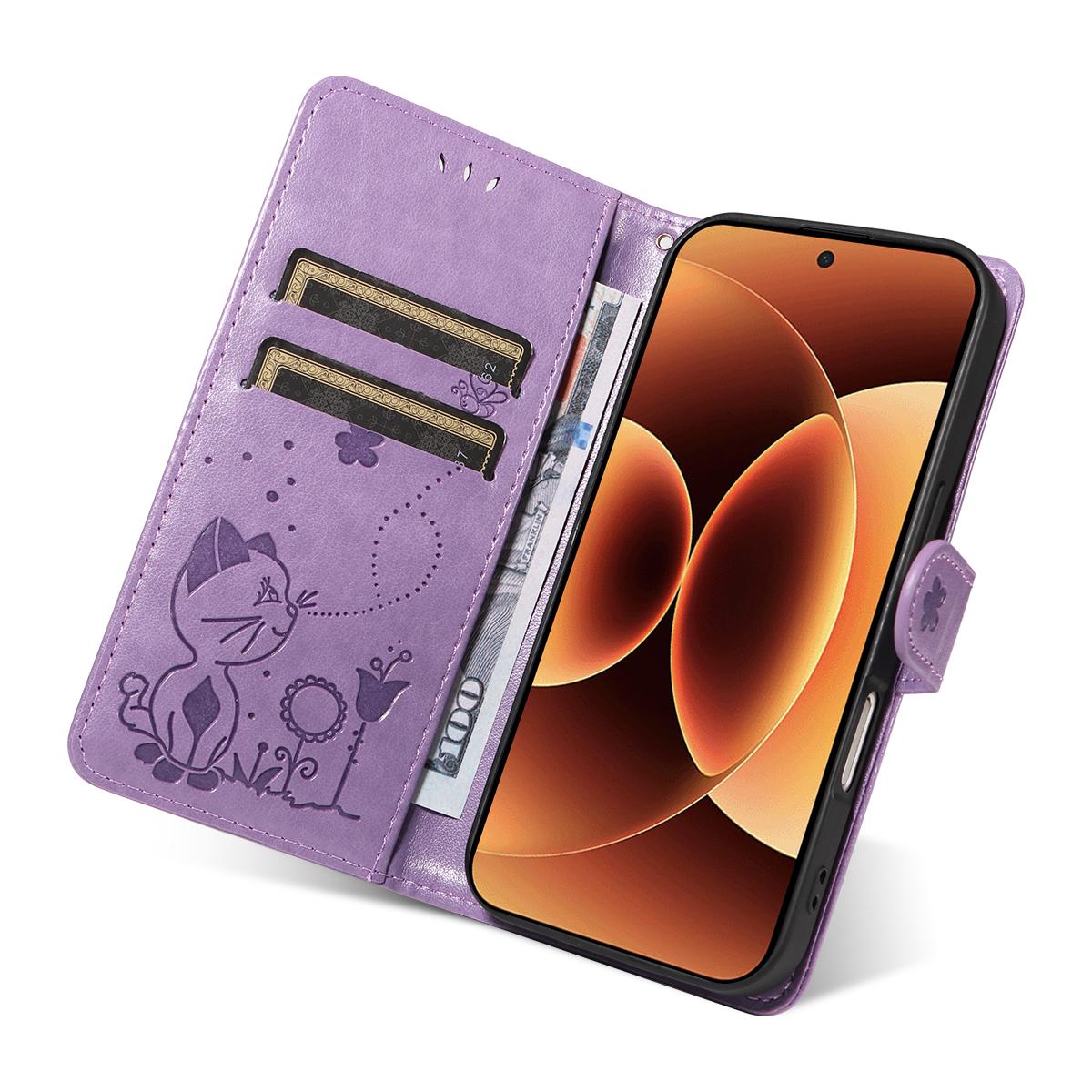 For Xiaomi 17 Pro Max Cat and Bee Embossed Flip Leather Phone Case Wallet Cover with Card Slots Cash Pocket Magnetic Stand Protective Shockproof TPU PU Leather Case with Wrist Strap