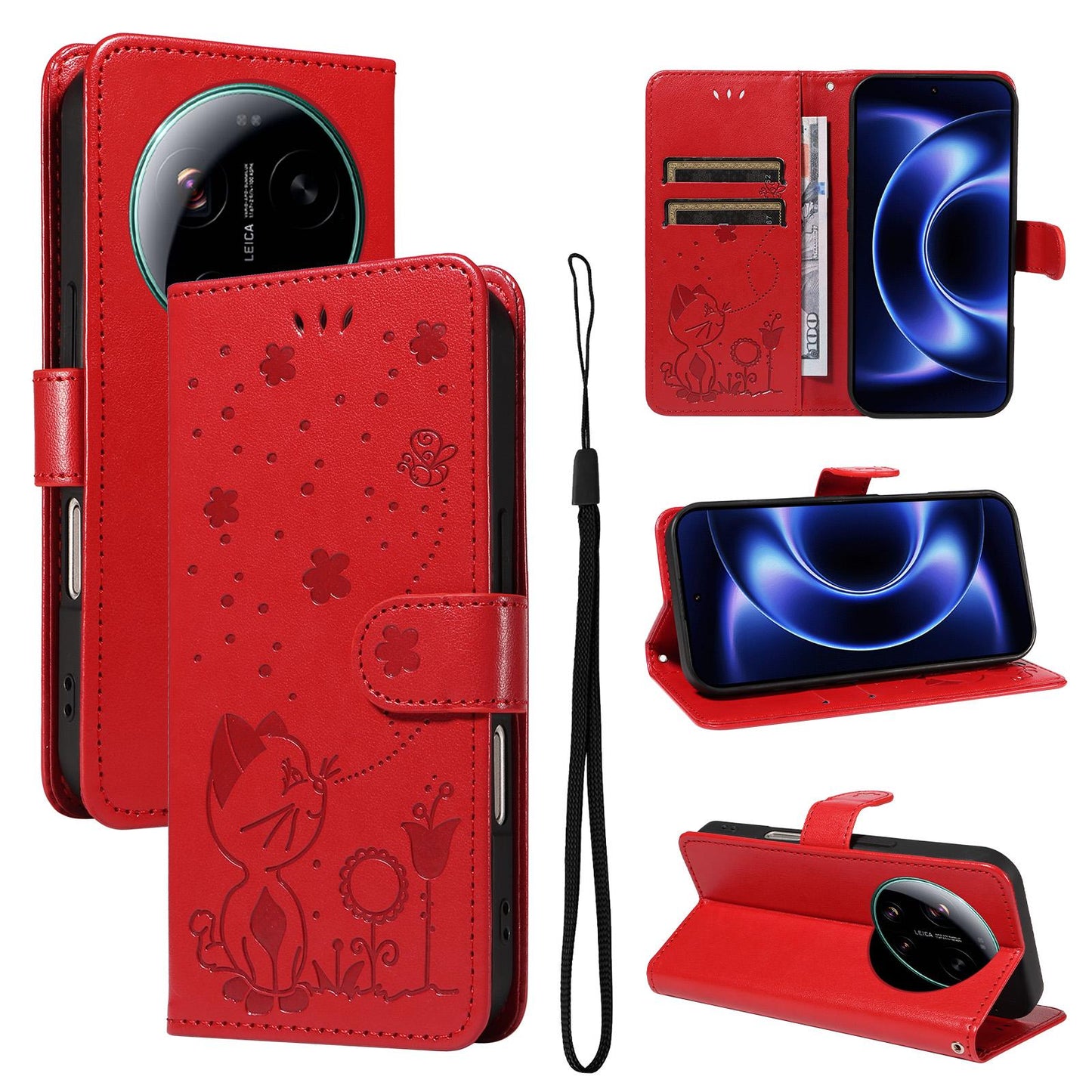 For Xiaomi 17 Ultra Cat and Bee Embossed Flip Leather Phone Case Wallet Cover with Card Slots Cash Pocket Magnetic Stand Protective Shockproof TPU PU Leather Case with Wrist Strap