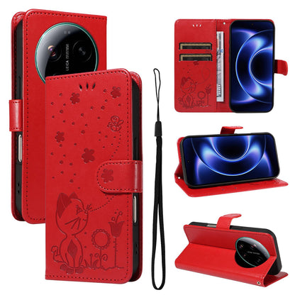 For Xiaomi 17 Ultra Cat and Bee Embossed Flip Leather Phone Case Wallet Cover with Card Slots Cash Pocket Magnetic Stand Protective Shockproof TPU PU Leather Case with Wrist Strap