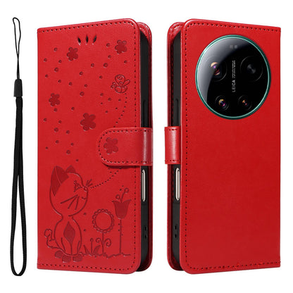 For Xiaomi 17 Ultra Cat and Bee Embossed Flip Leather Phone Case Wallet Cover with Card Slots Cash Pocket Magnetic Stand Protective Shockproof TPU PU Leather Case with Wrist Strap