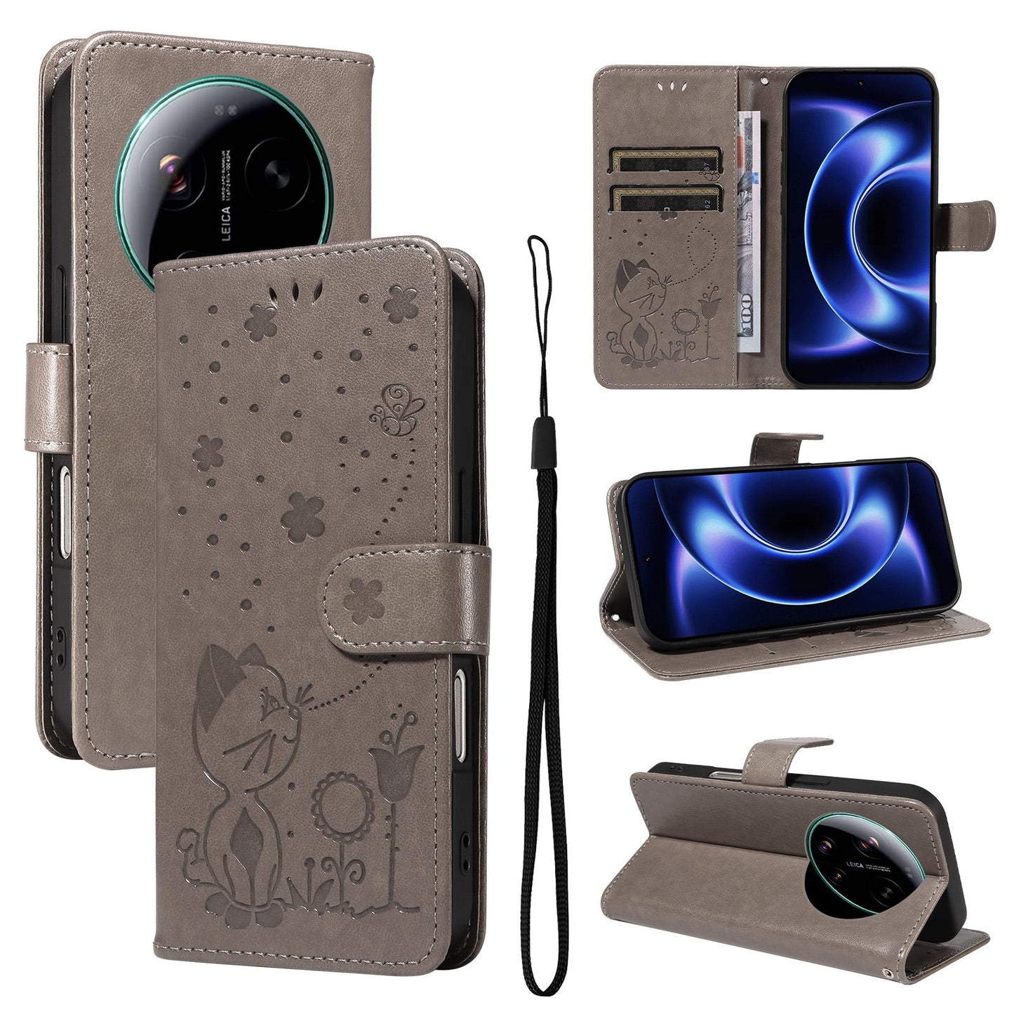 For Xiaomi 17 Ultra Cat and Bee Embossed Flip Leather Phone Case Wallet Cover with Card Slots Cash Pocket Magnetic Stand Protective Shockproof TPU PU Leather Case with Wrist Strap