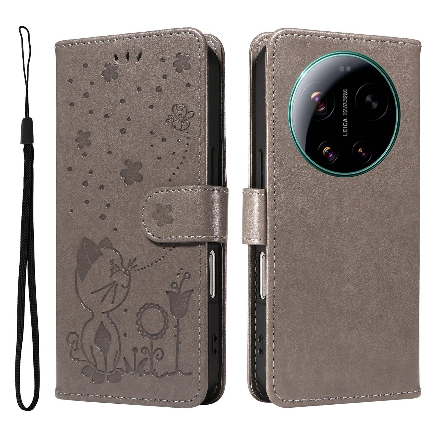 For Xiaomi 17 Ultra Cat and Bee Embossed Flip Leather Phone Case Wallet Cover with Card Slots Cash Pocket Magnetic Stand Protective Shockproof TPU PU Leather Case with Wrist Strap