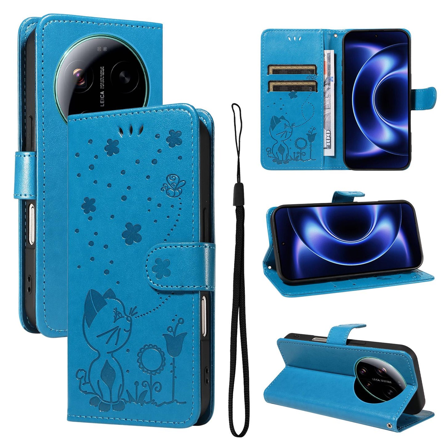 For Xiaomi 17 Ultra Cat and Bee Embossed Flip Leather Phone Case Wallet Cover with Card Slots Cash Pocket Magnetic Stand Protective Shockproof TPU PU Leather Case with Wrist Strap