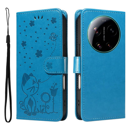 For Xiaomi 17 Ultra Cat and Bee Embossed Flip Leather Phone Case Wallet Cover with Card Slots Cash Pocket Magnetic Stand Protective Shockproof TPU PU Leather Case with Wrist Strap