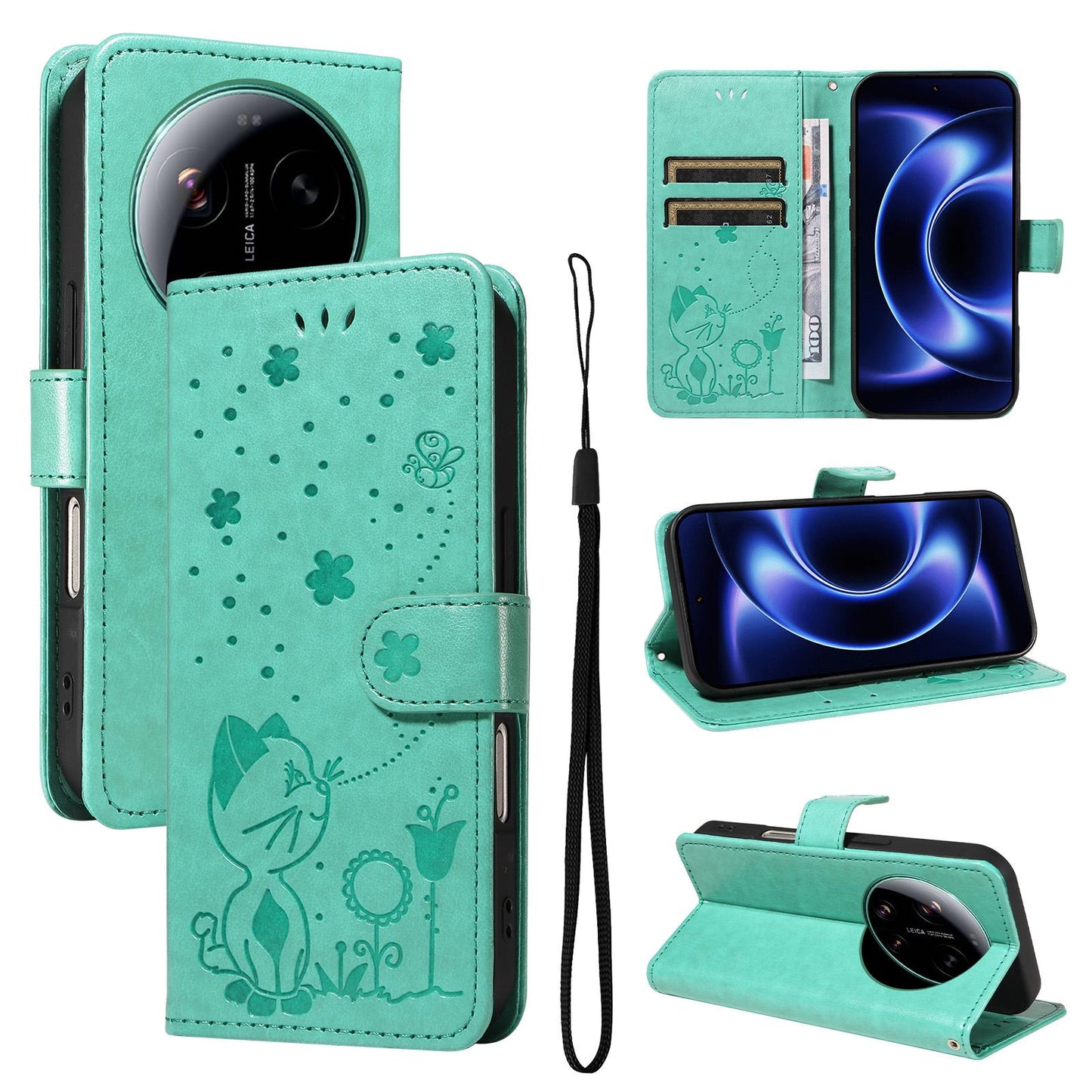 For Xiaomi 17 Ultra Cat and Bee Embossed Flip Leather Phone Case Wallet Cover with Card Slots Cash Pocket Magnetic Stand Protective Shockproof TPU PU Leather Case with Wrist Strap