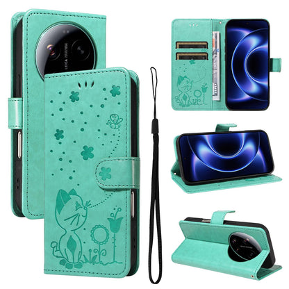For Xiaomi 17 Ultra Cat and Bee Embossed Flip Leather Phone Case Wallet Cover with Card Slots Cash Pocket Magnetic Stand Protective Shockproof TPU PU Leather Case with Wrist Strap