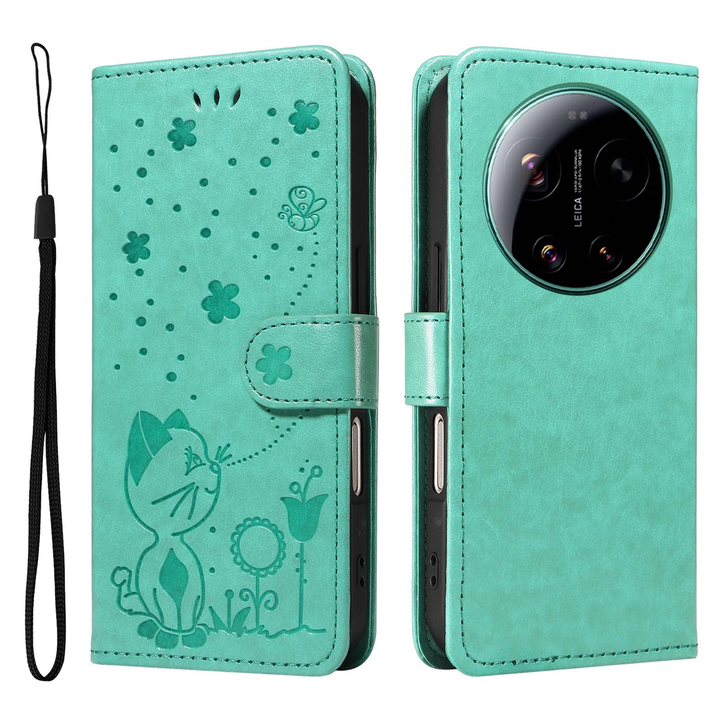 For Xiaomi 17 Ultra Cat and Bee Embossed Flip Leather Phone Case Wallet Cover with Card Slots Cash Pocket Magnetic Stand Protective Shockproof TPU PU Leather Case with Wrist Strap