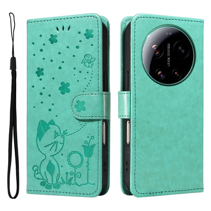For Xiaomi 17 Ultra Cat and Bee Embossed Flip Leather Phone Case Wallet Cover with Card Slots Cash Pocket Magnetic Stand Protective Shockproof TPU PU Leather Case with Wrist Strap