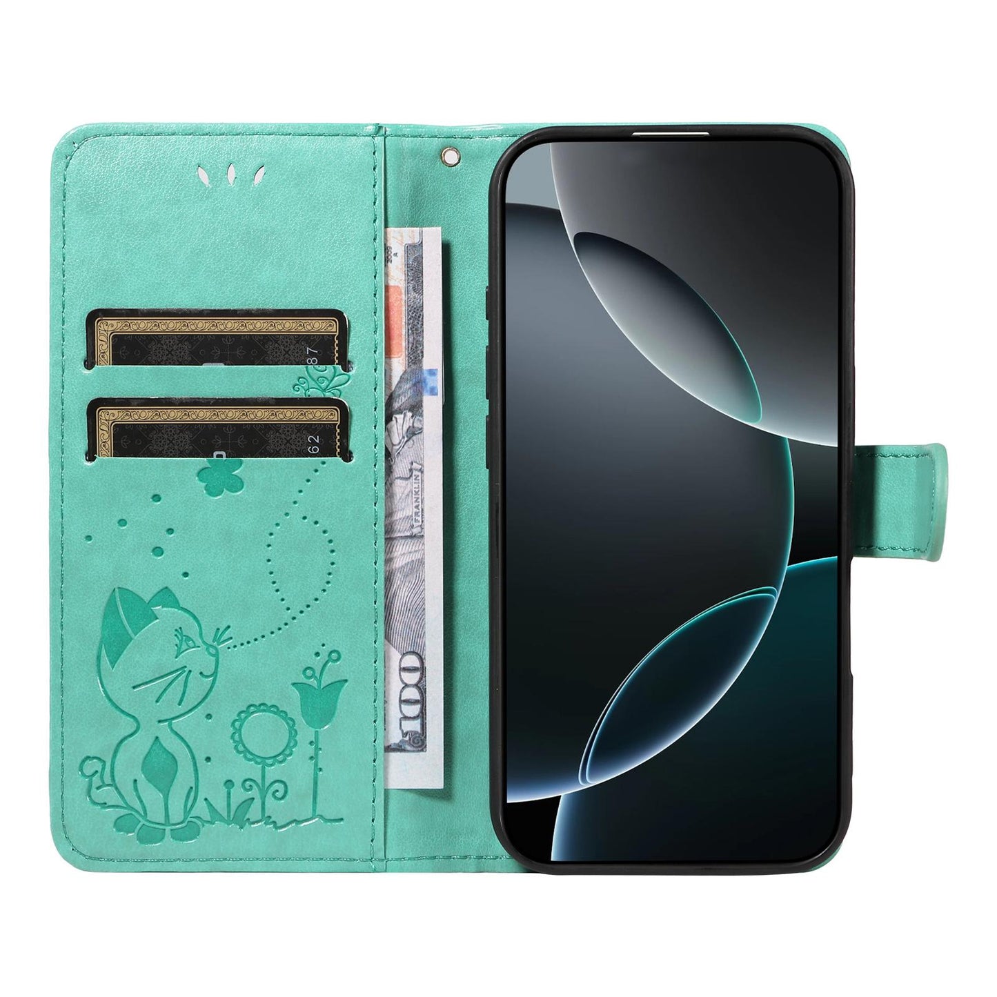 For Xiaomi 17 Ultra Cat and Bee Embossed Flip Leather Phone Case Wallet Cover with Card Slots Cash Pocket Magnetic Stand Protective Shockproof TPU PU Leather Case with Wrist Strap