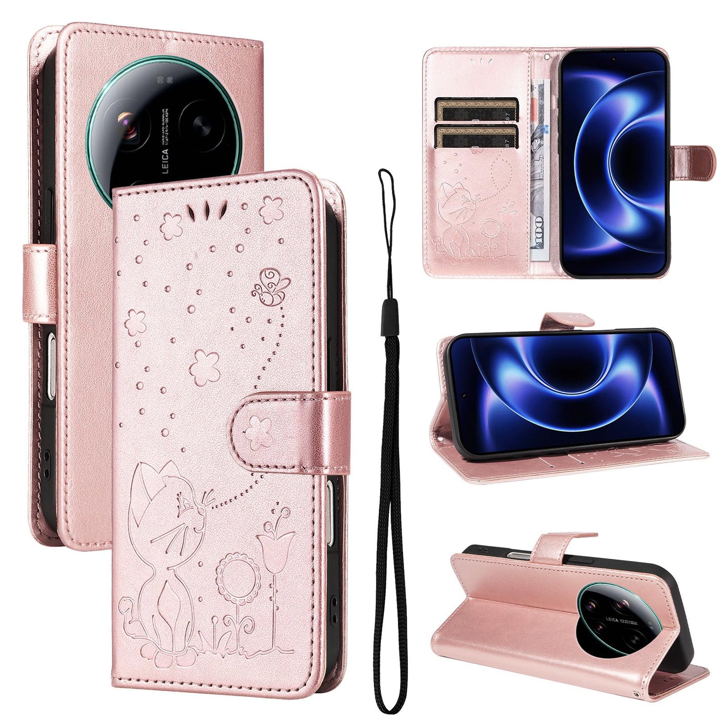 For Xiaomi 17 Ultra Cat and Bee Embossed Flip Leather Phone Case Wallet Cover with Card Slots Cash Pocket Magnetic Stand Protective Shockproof TPU PU Leather Case with Wrist Strap
