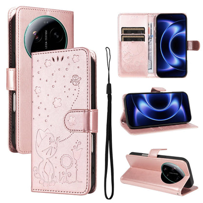 For Xiaomi 17 Ultra Cat and Bee Embossed Flip Leather Phone Case Wallet Cover with Card Slots Cash Pocket Magnetic Stand Protective Shockproof TPU PU Leather Case with Wrist Strap
