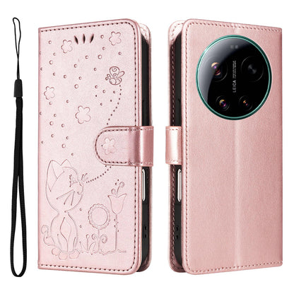 For Xiaomi 17 Ultra Cat and Bee Embossed Flip Leather Phone Case Wallet Cover with Card Slots Cash Pocket Magnetic Stand Protective Shockproof TPU PU Leather Case with Wrist Strap