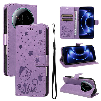 For Xiaomi 17 Ultra Cat and Bee Embossed Flip Leather Phone Case Wallet Cover with Card Slots Cash Pocket Magnetic Stand Protective Shockproof TPU PU Leather Case with Wrist Strap