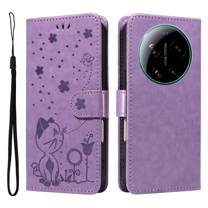 For Xiaomi 17 Ultra Cat and Bee Embossed Flip Leather Phone Case Wallet Cover with Card Slots Cash Pocket Magnetic Stand Protective Shockproof TPU PU Leather Case with Wrist Strap