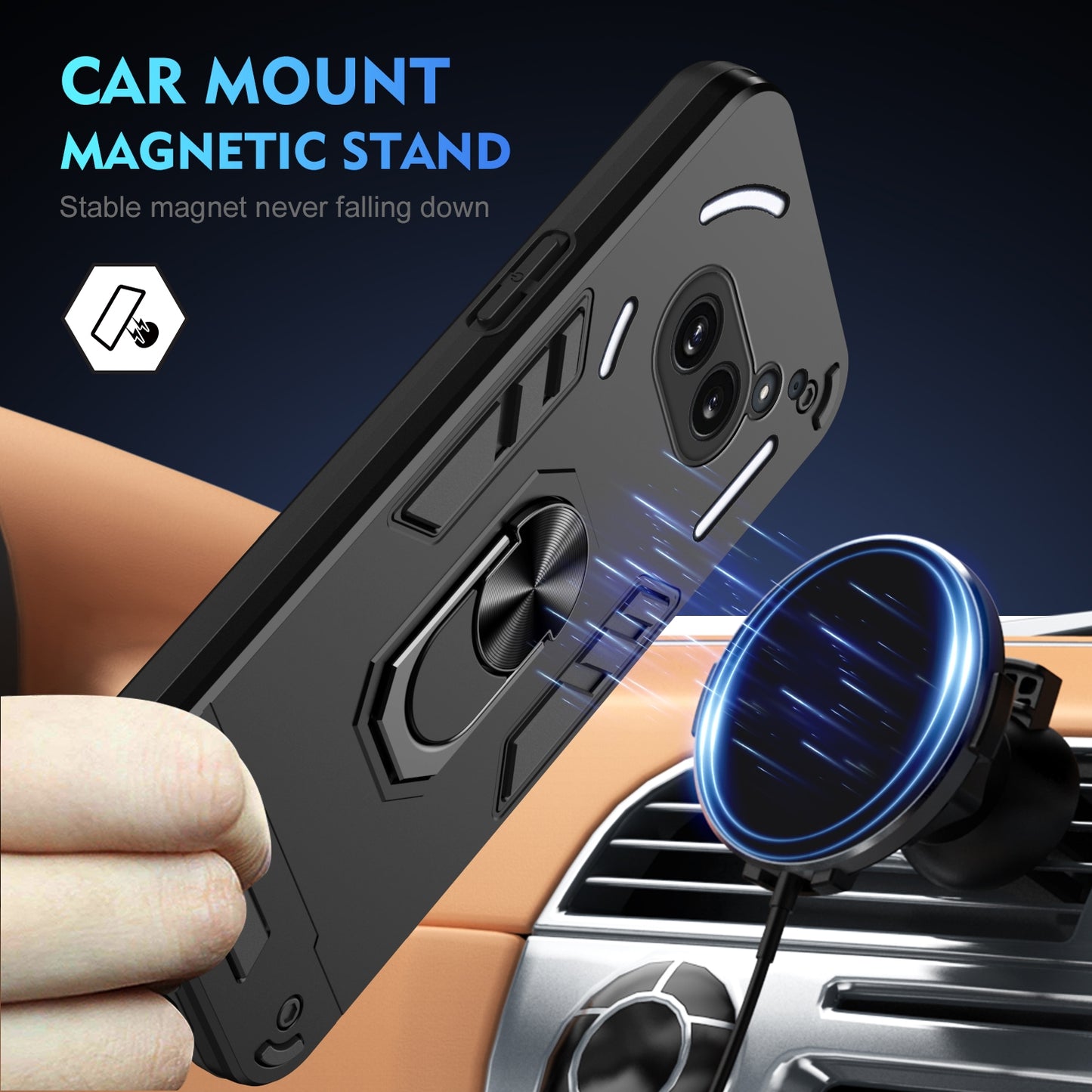 Nothing Phone 2a Shockproof Metal Ring Holder Phone Case with 360 degrees Rotating Kickstand, Ultra Slim Protective Cover, Raised Camera Guard, PC Silicone Armour Shell, Anti-Scratch Back & Edge Protection