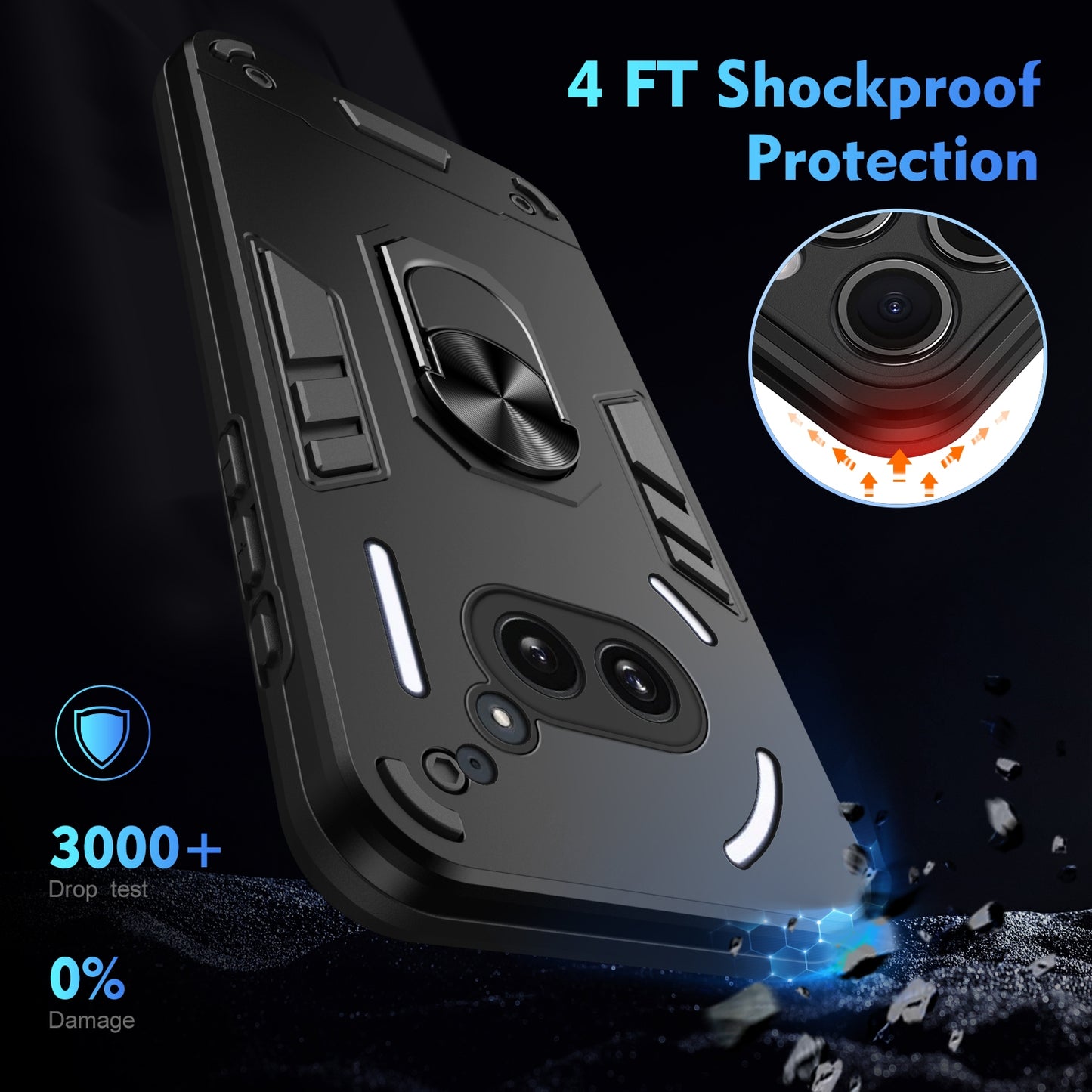 Nothing Phone 2a Shockproof Metal Ring Holder Phone Case with 360 degrees Rotating Kickstand, Ultra Slim Protective Cover, Raised Camera Guard, PC Silicone Armour Shell, Anti-Scratch Back & Edge Protection