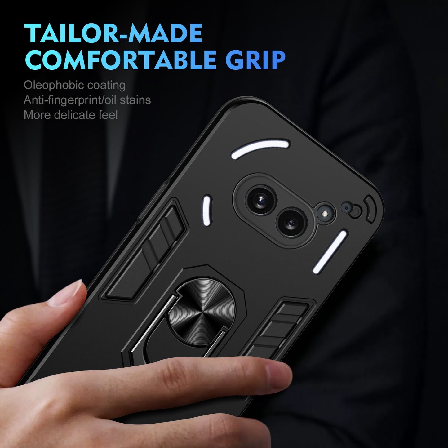 Nothing Phone 2a Shockproof Metal Ring Holder Phone Case with 360 degrees Rotating Kickstand, Ultra Slim Protective Cover, Raised Camera Guard, PC Silicone Armour Shell, Anti-Scratch Back & Edge Protection