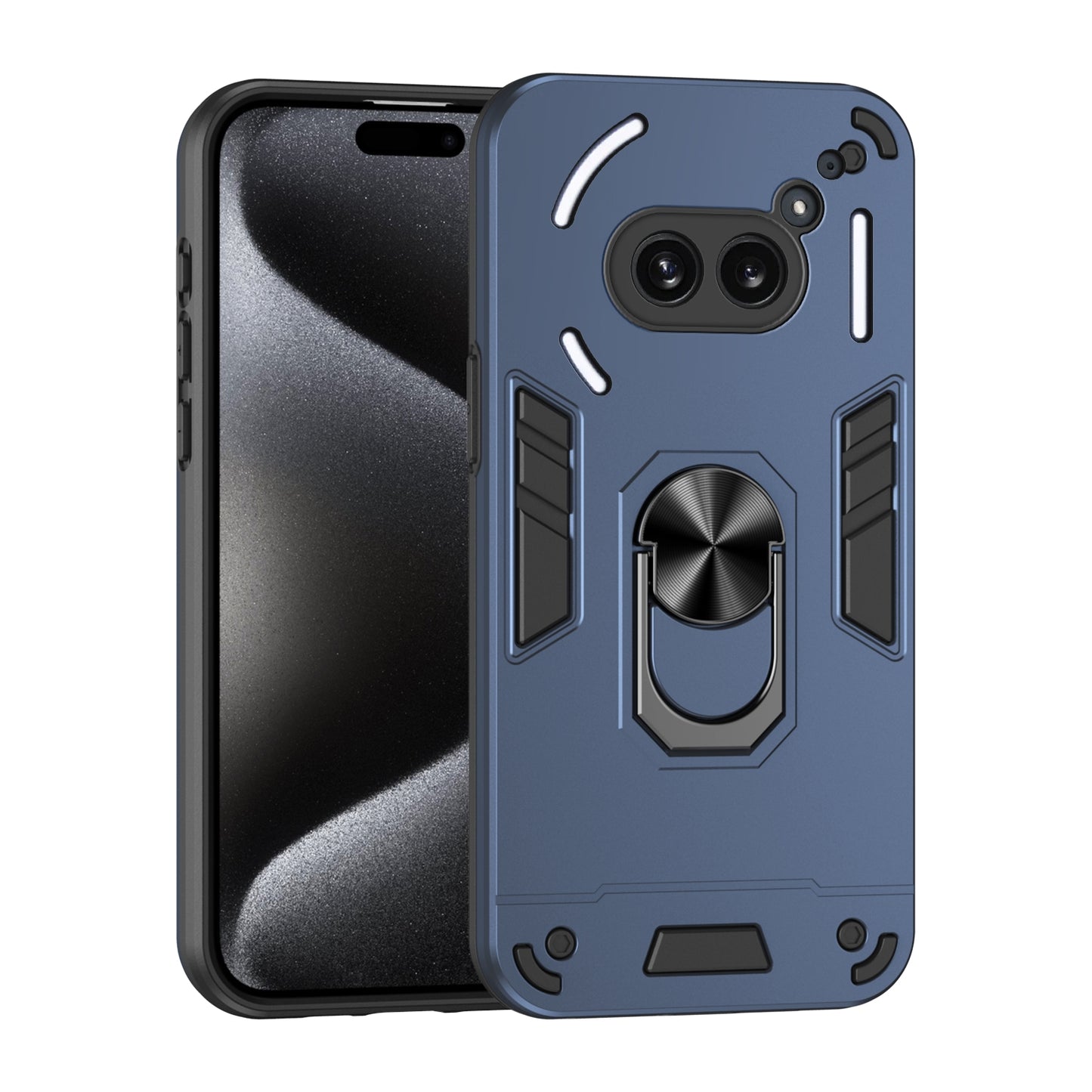 Nothing Phone 2a Shockproof Metal Ring Holder Phone Case with 360 degrees Rotating Kickstand, Ultra Slim Protective Cover, Raised Camera Guard, PC Silicone Armour Shell, Anti-Scratch Back & Edge Protection