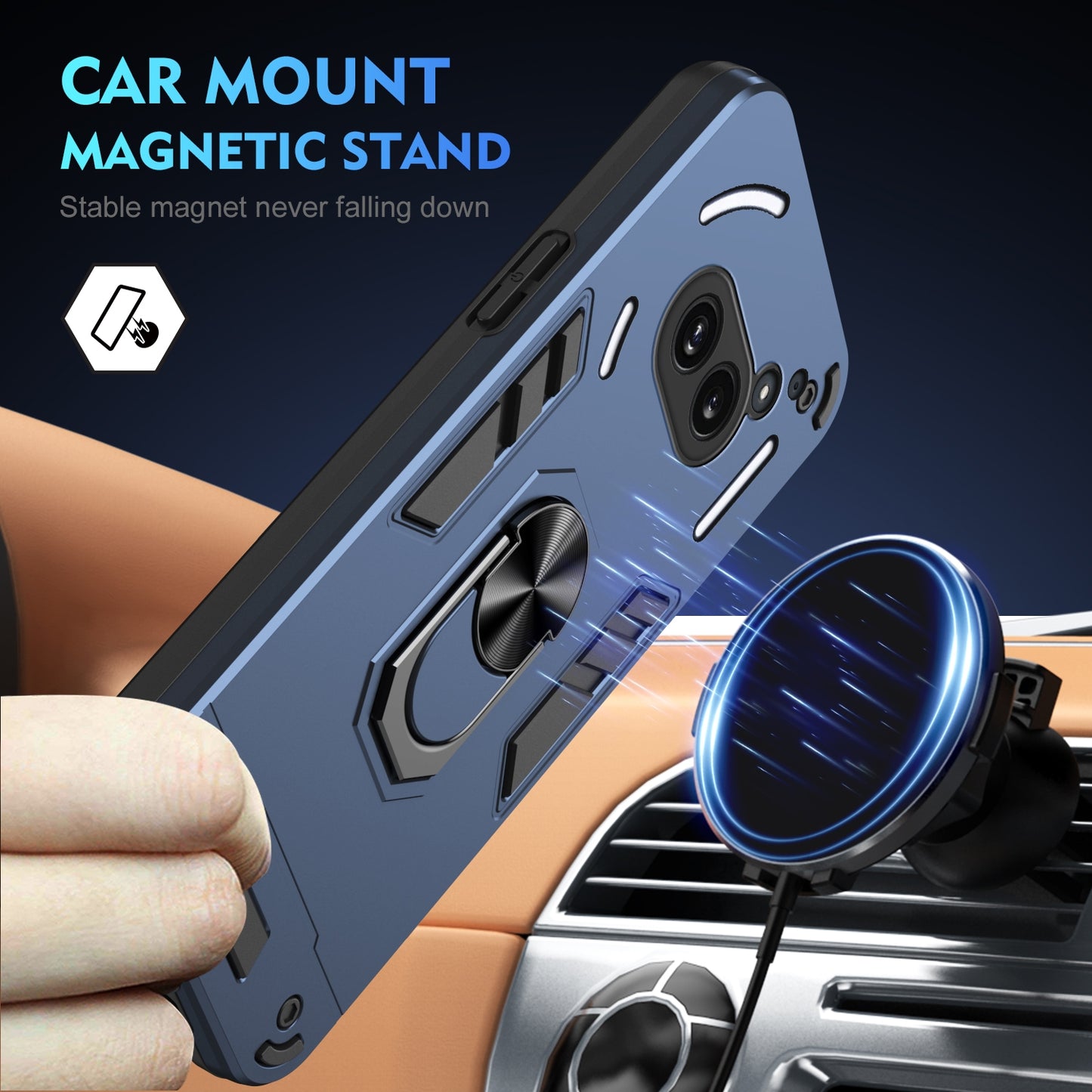 Nothing Phone 2a Shockproof Metal Ring Holder Phone Case with 360 degrees Rotating Kickstand, Ultra Slim Protective Cover, Raised Camera Guard, PC Silicone Armour Shell, Anti-Scratch Back & Edge Protection