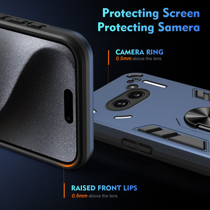 Nothing Phone 2a Shockproof Metal Ring Holder Phone Case with 360 degrees Rotating Kickstand, Ultra Slim Protective Cover, Raised Camera Guard, PC Silicone Armour Shell, Anti-Scratch Back & Edge Protection