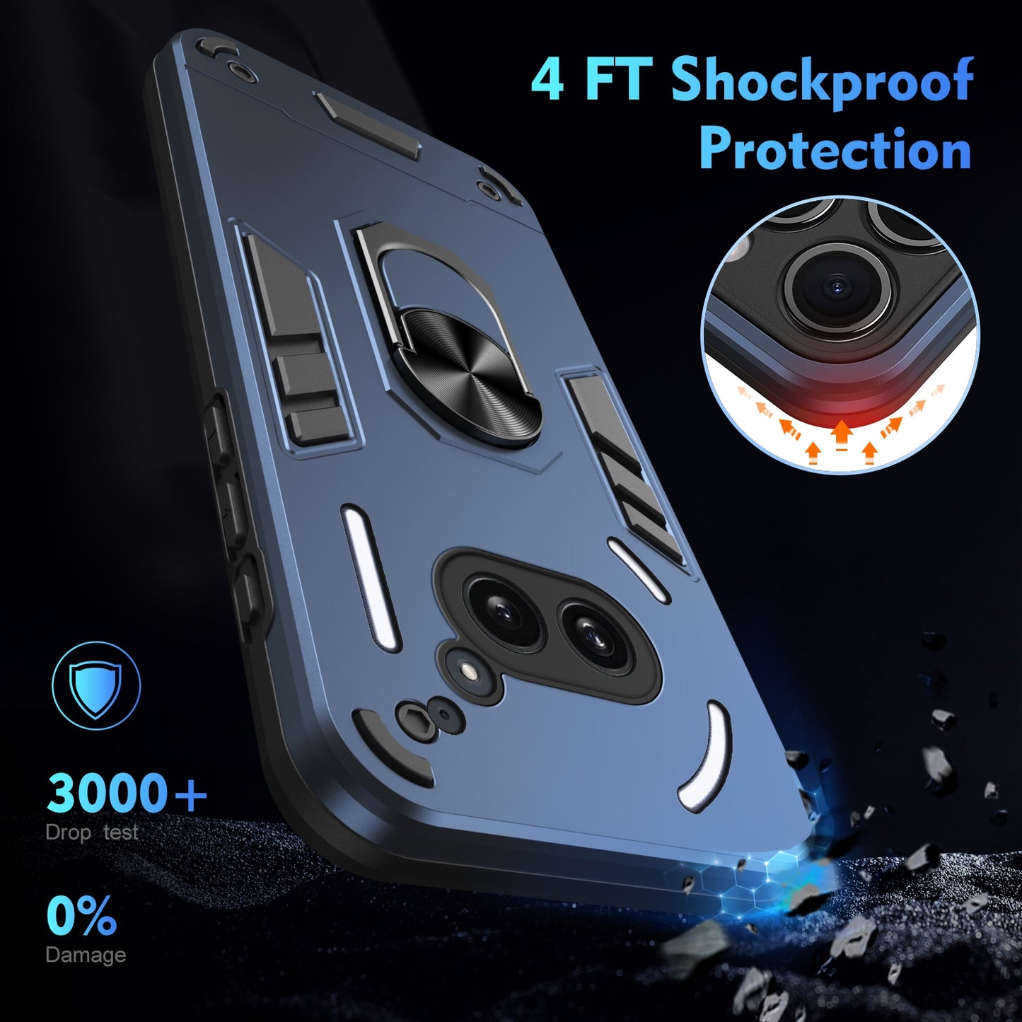 Nothing Phone 2a Shockproof Metal Ring Holder Phone Case with 360 degrees Rotating Kickstand, Ultra Slim Protective Cover, Raised Camera Guard, PC Silicone Armour Shell, Anti-Scratch Back & Edge Protection