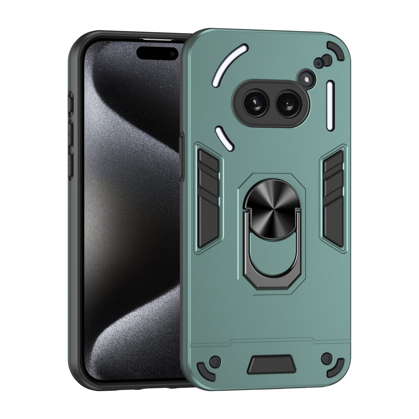 Nothing Phone 2a Shockproof Metal Ring Holder Phone Case with 360 degrees Rotating Kickstand, Ultra Slim Protective Cover, Raised Camera Guard, PC Silicone Armour Shell, Anti-Scratch Back & Edge Protection