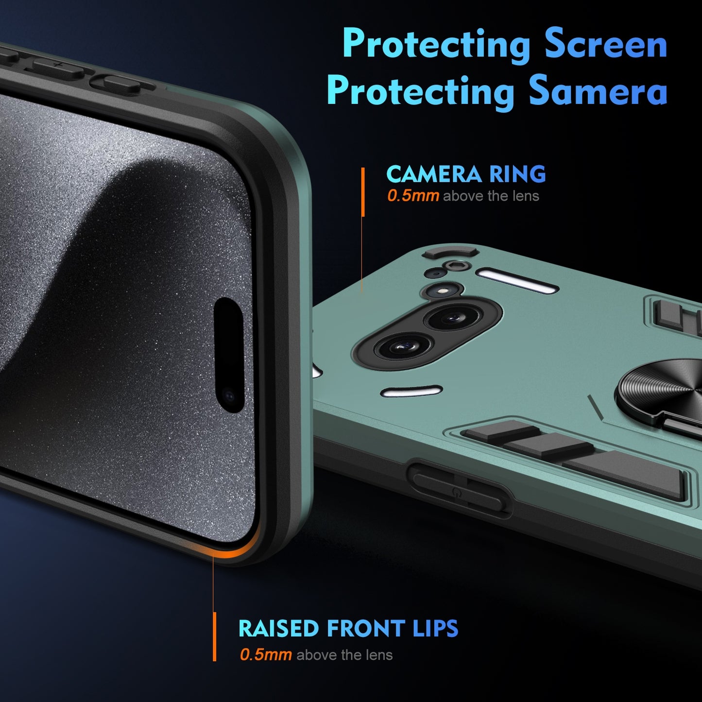 Nothing Phone 2a Shockproof Metal Ring Holder Phone Case with 360 degrees Rotating Kickstand, Ultra Slim Protective Cover, Raised Camera Guard, PC Silicone Armour Shell, Anti-Scratch Back & Edge Protection