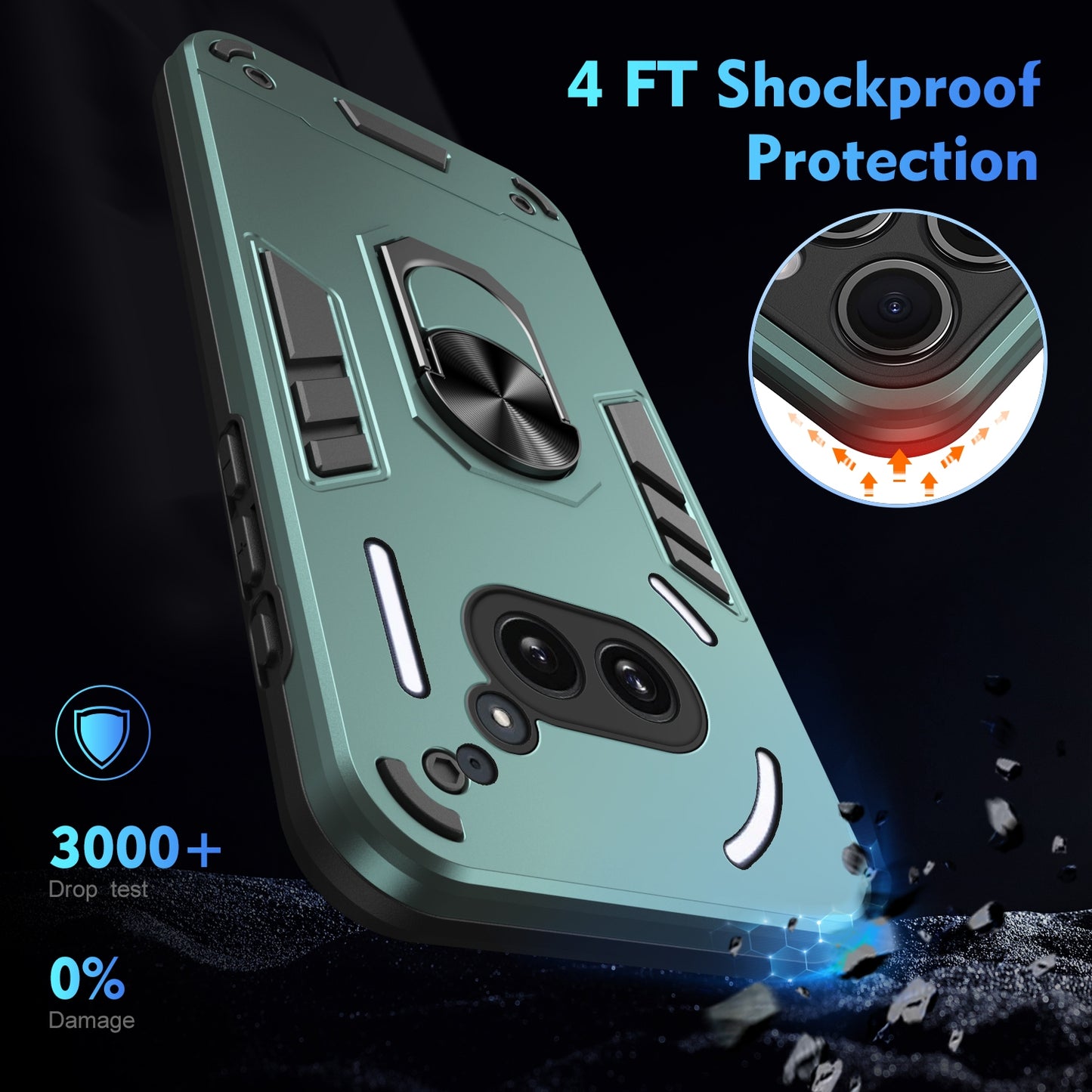Nothing Phone 2a Shockproof Metal Ring Holder Phone Case with 360 degrees Rotating Kickstand, Ultra Slim Protective Cover, Raised Camera Guard, PC Silicone Armour Shell, Anti-Scratch Back & Edge Protection