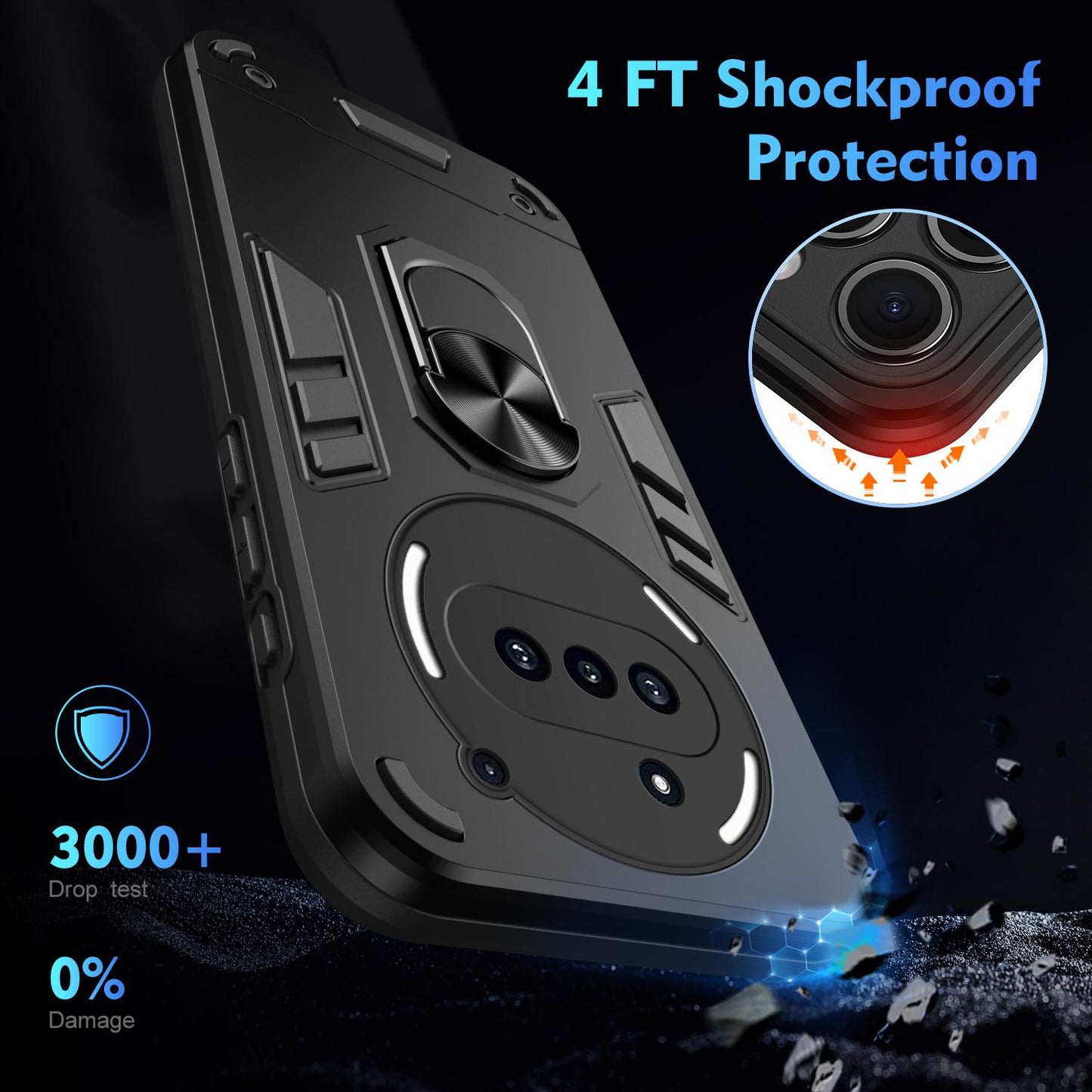 Nothing Phone 3a Shockproof Metal Ring Holder Phone Case with 360 degrees Rotating Kickstand, Ultra Slim Protective Cover, Raised Camera Guard, PC Silicone Armour Shell, Anti-Scratch Back & Edge Protection