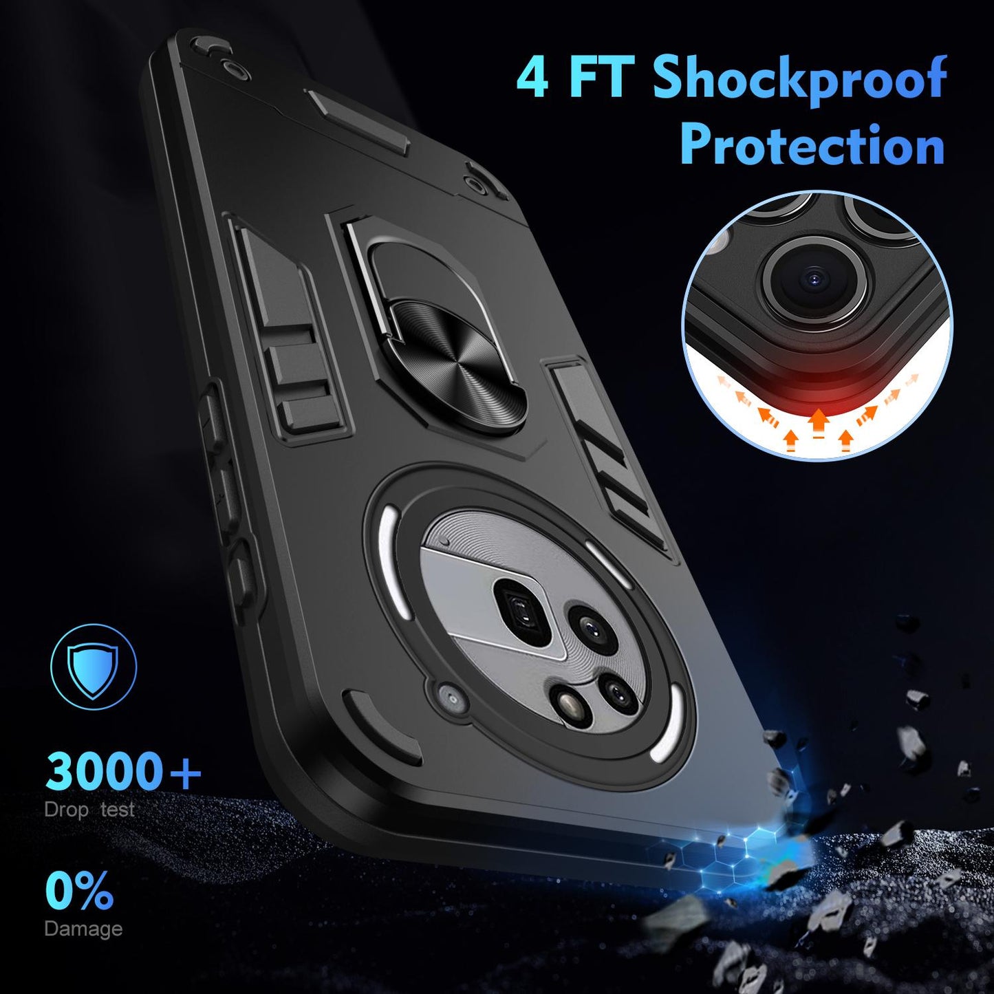 Nothing Phone 3a Pro Shockproof Metal Ring Holder Phone Case with 360 degrees Rotating Kickstand, Ultra Slim Protective Cover, Raised Camera Guard, PC Silicone Armour Shell, Anti-Scratch Back & Edge Protection