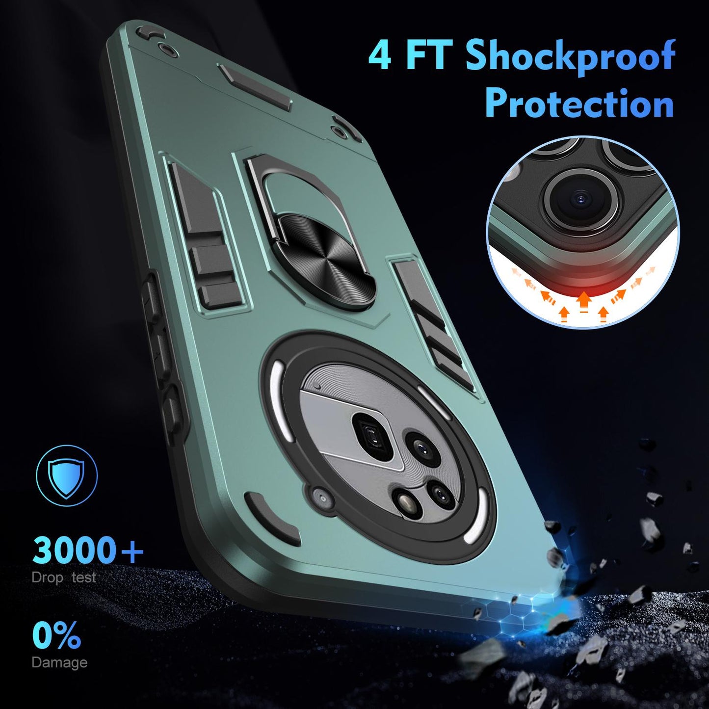Nothing Phone 3a Pro Shockproof Metal Ring Holder Phone Case with 360 degrees Rotating Kickstand, Ultra Slim Protective Cover, Raised Camera Guard, PC Silicone Armour Shell, Anti-Scratch Back & Edge Protection